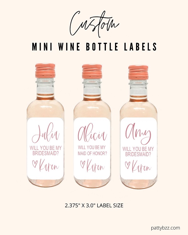 Maid of honour MINI Wine bottle label. Personalised Will you be my Bridesmaid