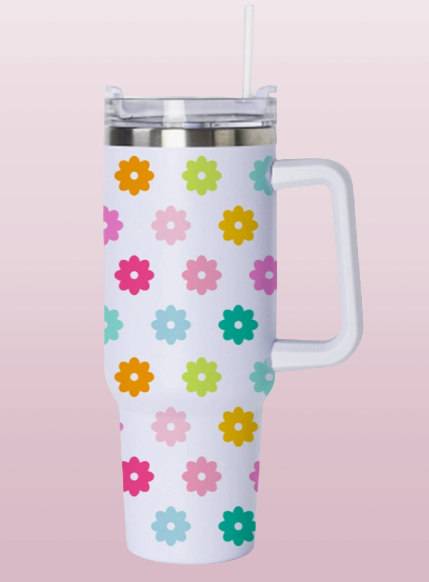 Flower Tumbler, 40 ounce-has white background with flowers in multiple colors