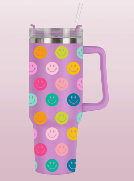 Smiley Face Tumbler, 40 ounce-has berry background with smiley faces in multiple colors