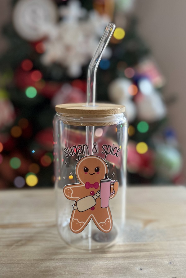 Boujee Gingerbread Cookie Iced Coffee Glass Can-adorable gingerbread cookie uv dtf decal with her tumbler and bag on 16 oz iced coffee glass