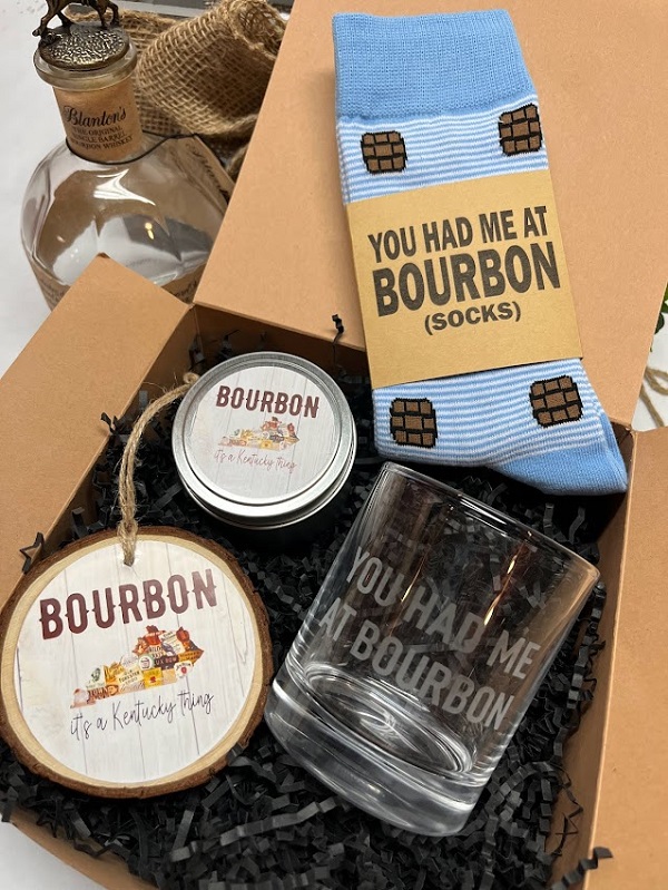 Bourbon Theme Gift Box-all things bourbon including a etched bourbon glass, bourbon socks, 6 oz bourbon scented candle, Bourbon its a Kentucky thing ornament