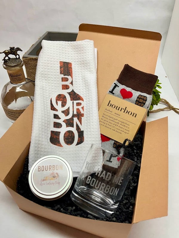 Bourbon Gift Box-all things bourbon including a etched bourbon glass, bourbon bar towel, 6 oz bourbon scented candle, Bourbon its a Kentucky thing ornament