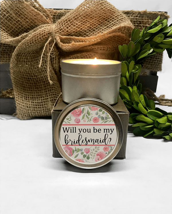 Bridesmaid Candle Collection-4 ounce travel tin candle scented in vanilla noir or amber Patchouli with your choice of custom sticker perfect for bridesmaid proposals, bridal shower favors or thank you gifts
