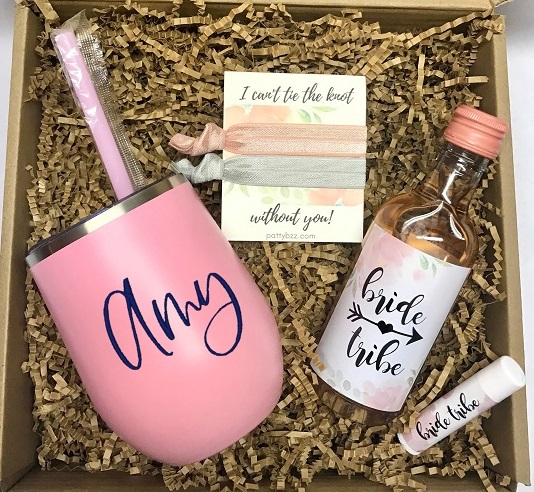 Bridesmaid Proposal Box-with insulated tumbler in pink with name, mini wine bottle with bride tribe label, 2 hair ties on card that reads I cant tie the know without you, lip balm with bride tribe label