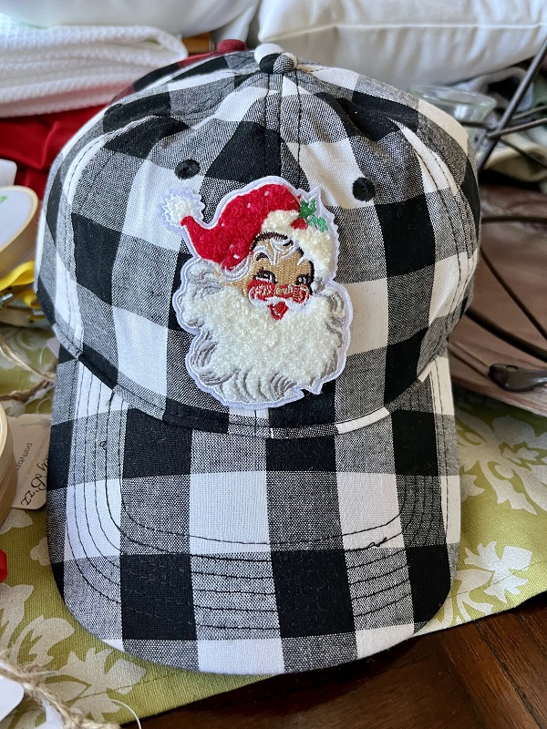 Chenille Santa Baseball Hat-available in black plaid or red plaid