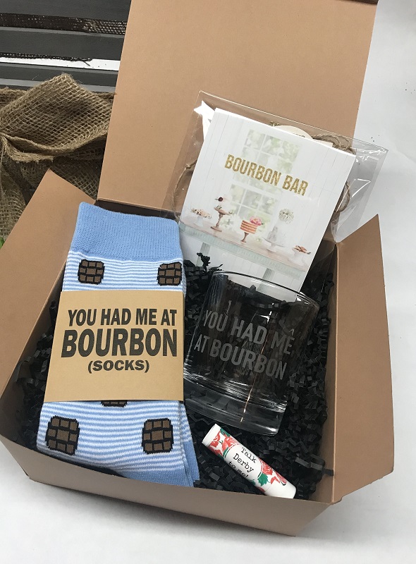 Bourbon Bar Gift Box-with all things bourbon themed including a etched bourbon glass, bourbon socks, bourbon bar banner and talk derby to me lip balm