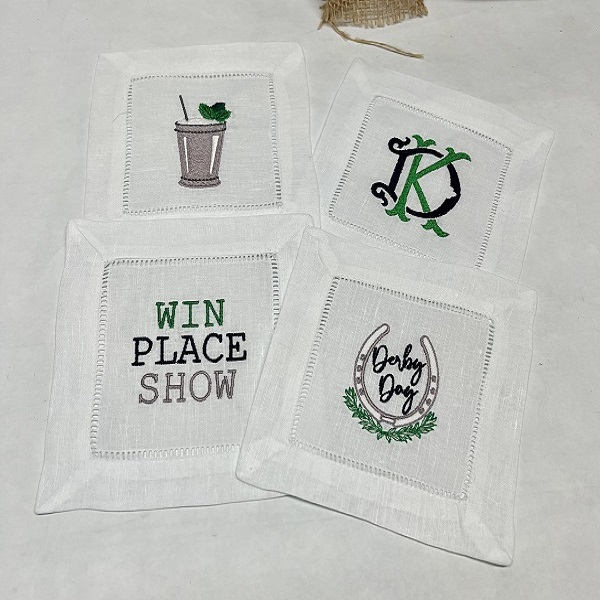 Derby Embroidered Cocktail Napkins-with a mint julep, horseshoe, intertwined KD and win place show