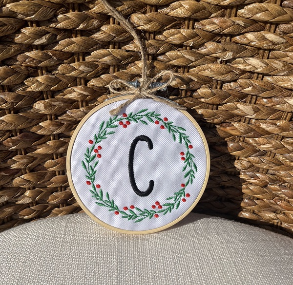 Farmhouse Wreath Embroidered Ornament-embroidered in your choice of initial 