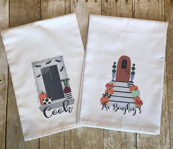 Fall, Halloween Porch Tea Towels-two porch scenes, one halloween, one fall, add your last name to make it your one of a kind