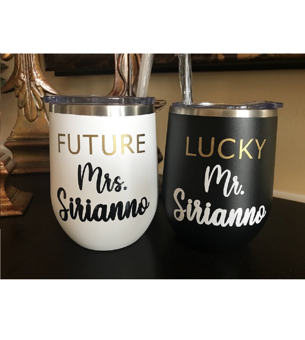 Wine Tumbler Gift Set-personalized with Future Mrs and Lucky Mr 12 ounce insulated cups gift set perfect for the newly engaged couple
