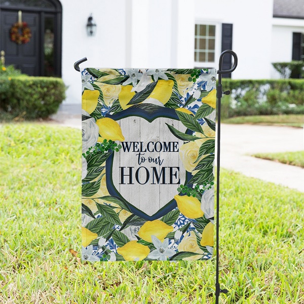 Welcome Garden Flag-one-sided with Welcome to our Home decorated with lemons and blues.