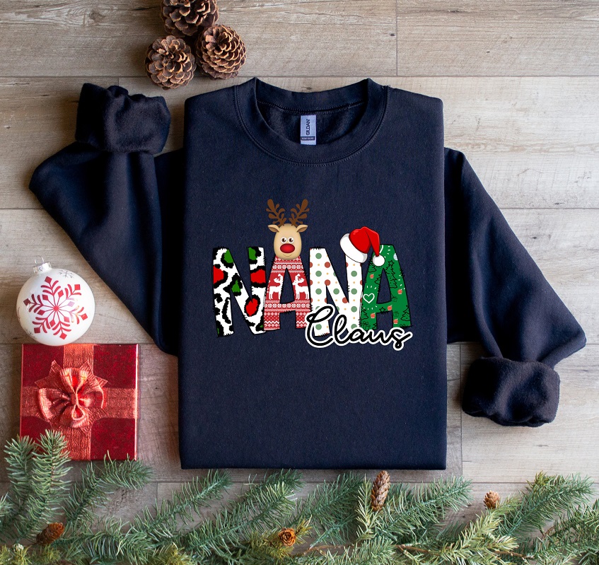 Nana Claus Sweatshirt-each letter of nana is an adorable Christmas design on a lightweight and comfortable sweatshirt
