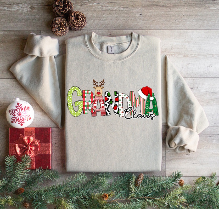 Grandma Claus Sweatshirt-each letter of grandma is an adorable Christmas design on a lightweight and comfortable sweatshirt
