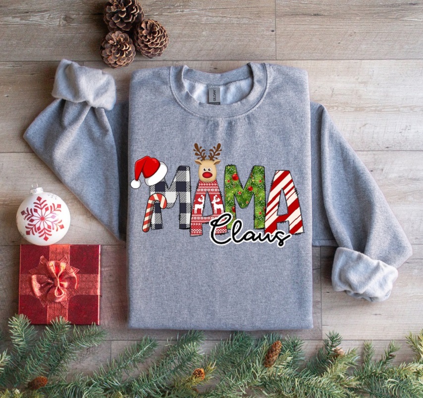 Mama Claus Sweatshirt-each letter of mama is an adorable Christmas design on a lightweight and comfortable sweatshirt