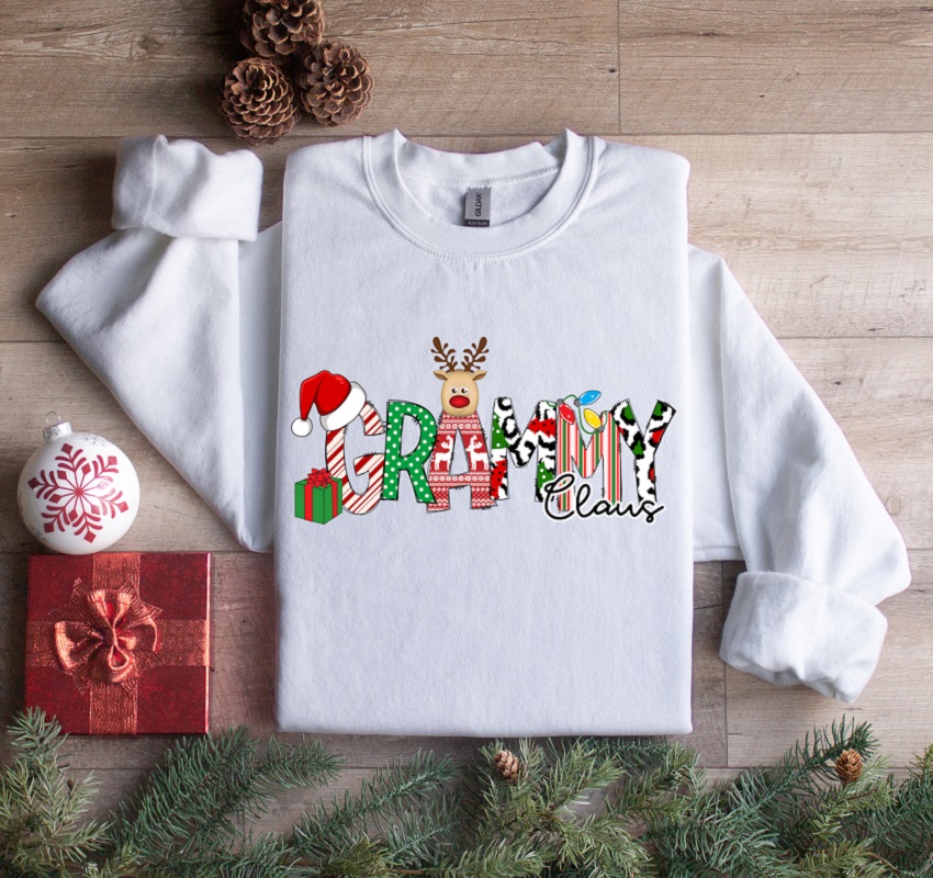 Grammy Claus Sweatshirt-each letter of grammy is an adorable Christmas design on a lightweight and comfortable sweatshirt
