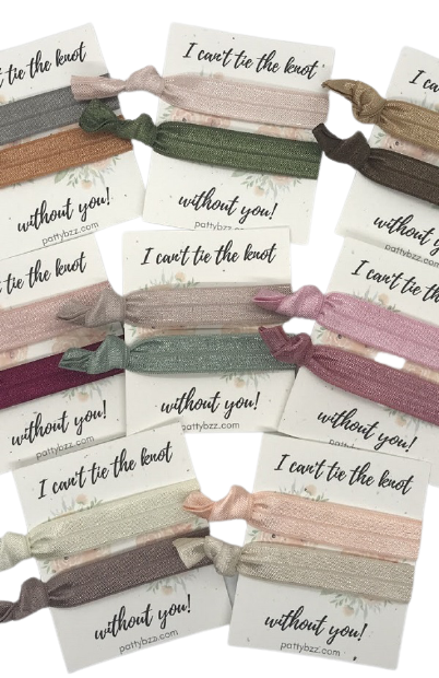 Bridesmaid Proposal Hair Ties-2 soft elastic hair ties in a variety of on trend colors on a quality cardstock with I cant tie the knot without you printed on it