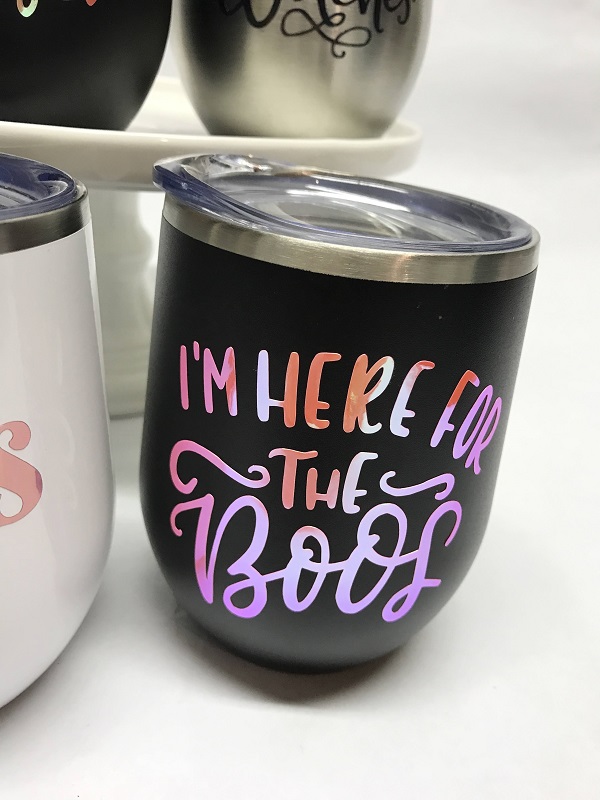 Here for the Boos Halloween Cup-black tumbler with saying cut out of opal orange vinyl