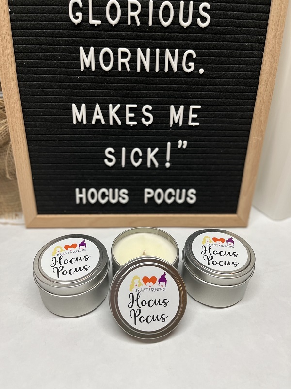 Hocus Pocus Candle-6 ounce travel tin candle scented in fig with the movies best quote its all just a bunch of hocus pocus