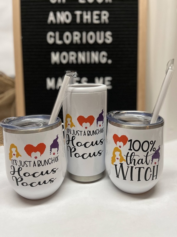Hocus Pocus Tumblers-in choice of saying and wine cup or skinny can cooler