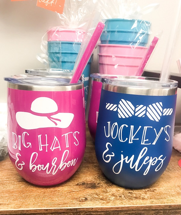 Derby Wine Tumbler-decorated with big hats and bourbon or jockeys and juleps on 12 oz insulated tumblers