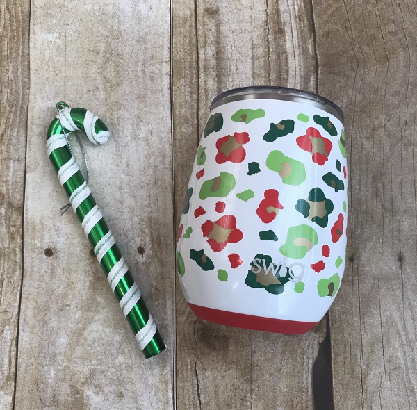 Jingle Jungle Wine Cup-14 ounce tumbler with red, green, gold leopard spots on a white glitter background