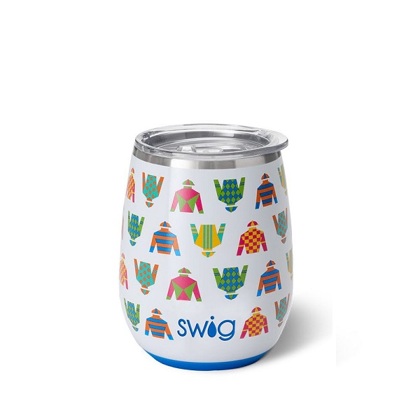 Swig Jockey Silks Wine Cup-Swig jockey silks wine cup in 14 ounce size. Embellished all over with jockey silks in bright, fun, colorful designs