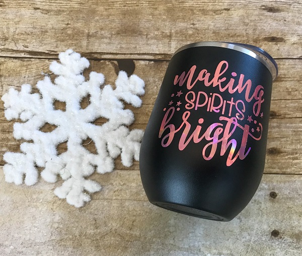 Making Spirits Bright Wine Cup-12 ounce black tumbler with rose gold letters