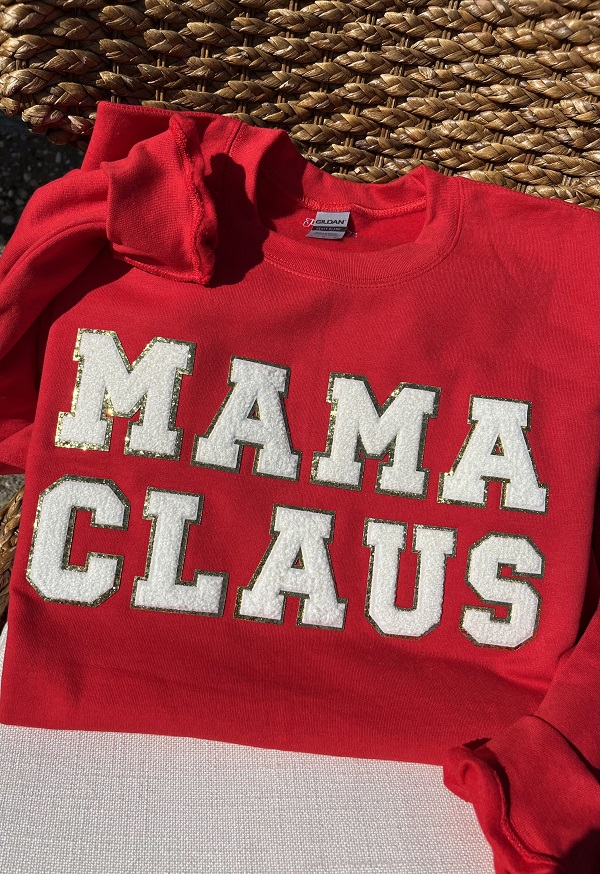 Mama Claus Sweatshirt-with white chenille letters and gold glitter background