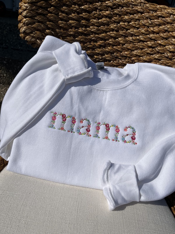 Floral Embroidered Sweatshirt-in a variety of flowers and leaves on a white sweatshirt