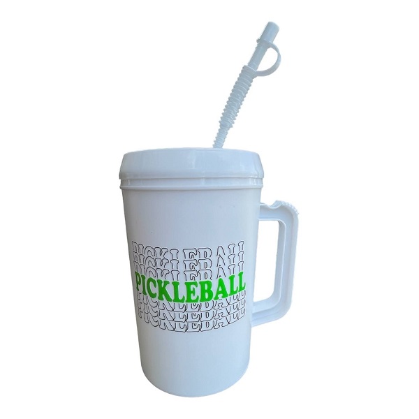 Mega Mug, Pickleball-large 34 oz cup embellished with the word Pickleball multiple times with the main word in green and all others in black