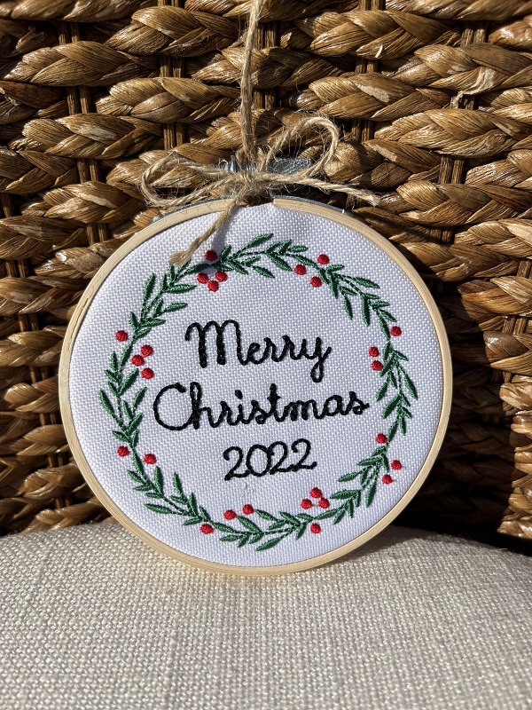 Farmhouse Wreath Christmas Ornament-embroidered with Merry Christmas 2022 