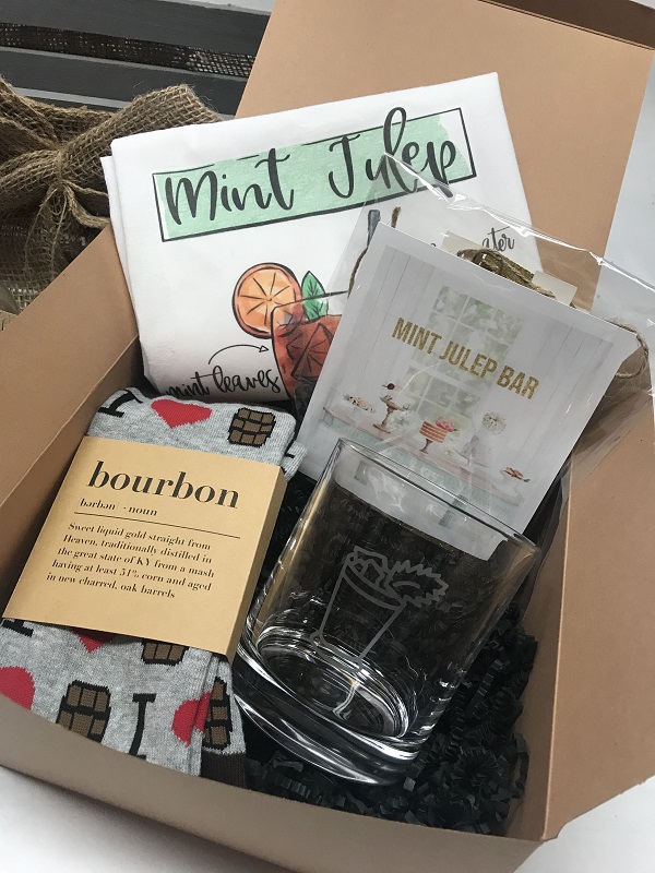 Derby Gift Box-with all things Kentucky including a etched bourbon glass, bourbon socks, mint julep recipe towel and mint julep bar banner