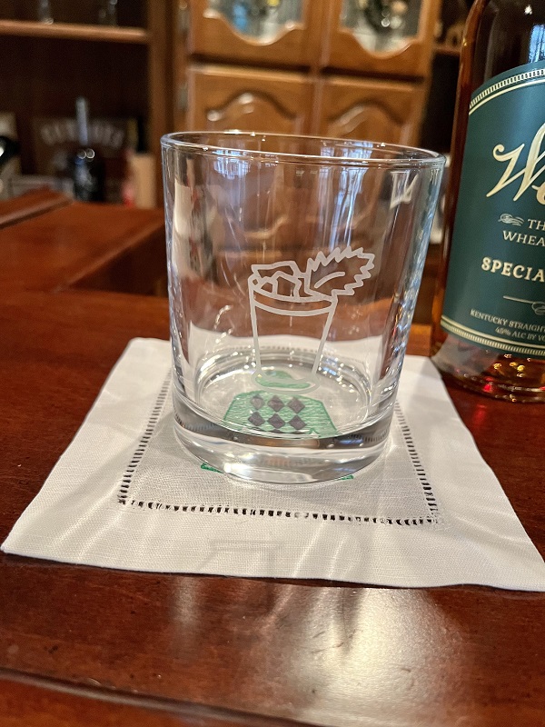 Mint Julep Bourbon Glass-has the mint julep outline etched onto the glass. Perfect derby gift, for your groomsmen or stock the bar parties