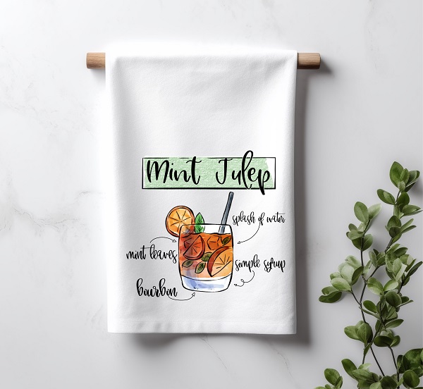 Derby Towels-large 28.5 x 28.5 cotton towel with Mint Julep recipe and lady wearing large hat with Talk Derby to Me