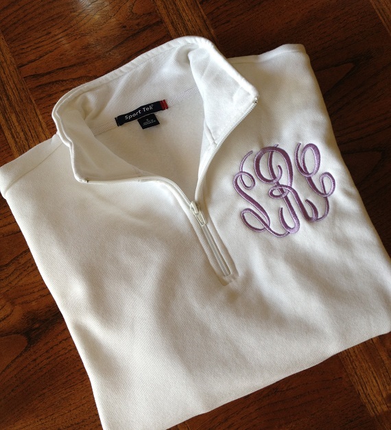 Monogrammed Quarter Zip Pullover-white sweatshirt embroider with monogram in lilac thread