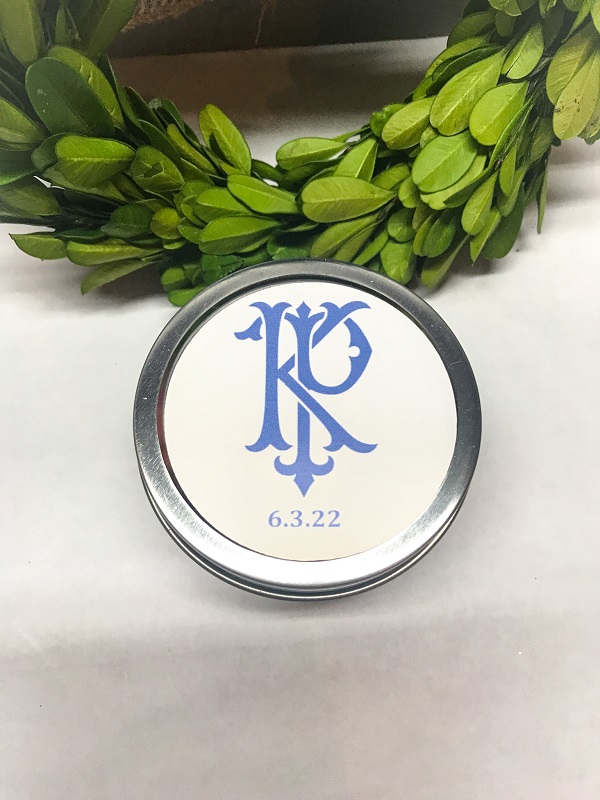 Wedding Monogram Candle-6 ounce travel tin candle scented in vanilla noir or amber Patchouli with your choice of custom sticker perfect for welcome bags, reception guest tables, or wedding weekend favors