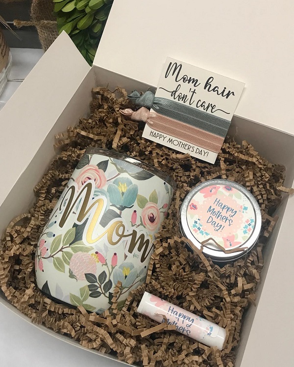 Mom's Gift Box-with all things she loves including an insulated tumbler, customized candle, hair tie and lip balm