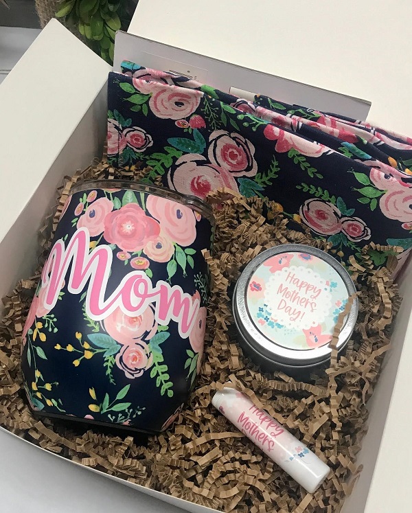 Gift Box for Mom-with all things she loves including an insulated tumbler, customized candle, matching tea towel and lip balm