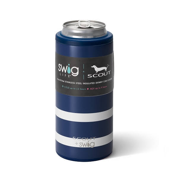 Swig Skinny Can Holder-by Swig in navy and white stripe that holds 12 oz slim can beverages