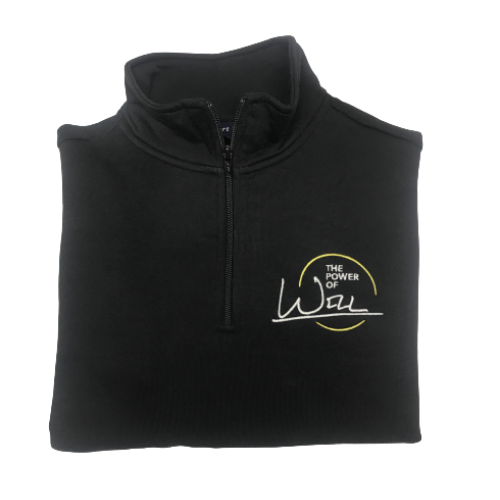 Quarter Zip Pullover, The Power of Will-black sweatshirt embroidered with the power of will logo in white and yellow