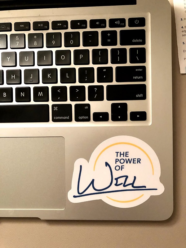 The Power of Will Sticker-with white background and designed with Wills signature in navy blue and a yellow circle