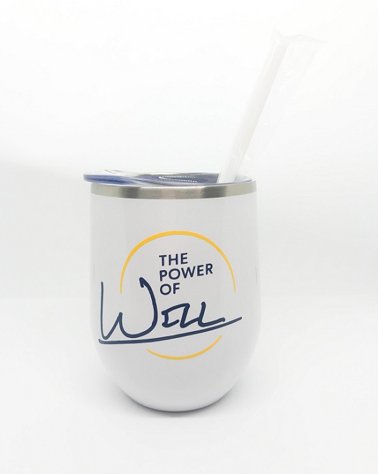 Insulated Wine Tumbler, The Power of Will-in white and black, personalized with The Power of Will logo in navy blue and yellow glossy vinyl