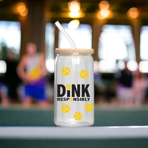 Dink Responsibly, Pickleball Can Glass-16 oz size with bamboo lid, glass straw decorated with uv dtf decal with multiple pickleballs scattered on can