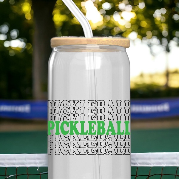 Pickleball, Glass Beer Can-with the words pickleball multiple times on a 4 x 2.5 decal sticker.