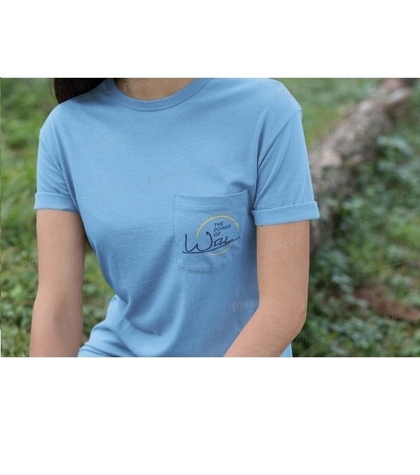 Pocket T-Shirt, The Power of Will-light blue t shirt personalized with the power of will logo in navy and yellow