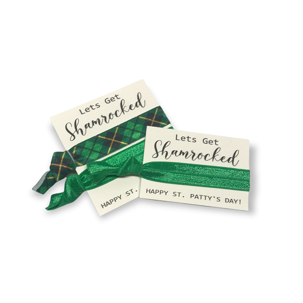 St Patrick Day Hair Ties-in green or green plaid on a St Pattys Day favor card