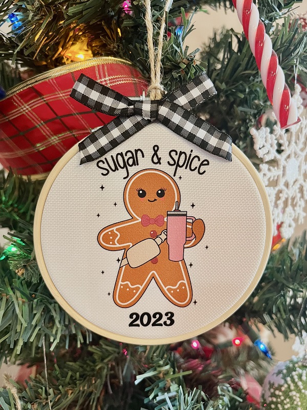 Boujee Sugar and Spice Gingerbread Ornament-4 inch wood hoop with design dtf on to durable canvas fabric finished with a black white grosgrain ribbon