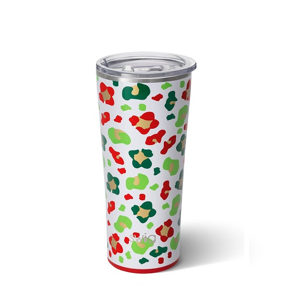 Jingle Jungle Tumbler-22 ounce with red, green, gold leopard spots on white glitter background