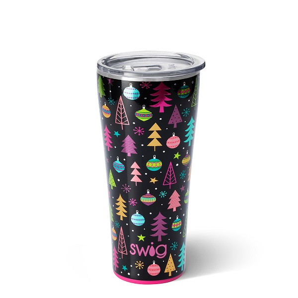 Merry and Bright Swig Tumbler-32 ounce with beautiful pinks, blues, golds in trees and ornaments on a black background