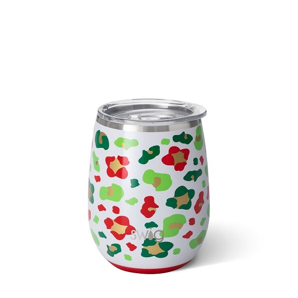 Jingle Jungle Wine Cup-14 ounce tumbler with red, green, gold leopard spots on a white glitter background